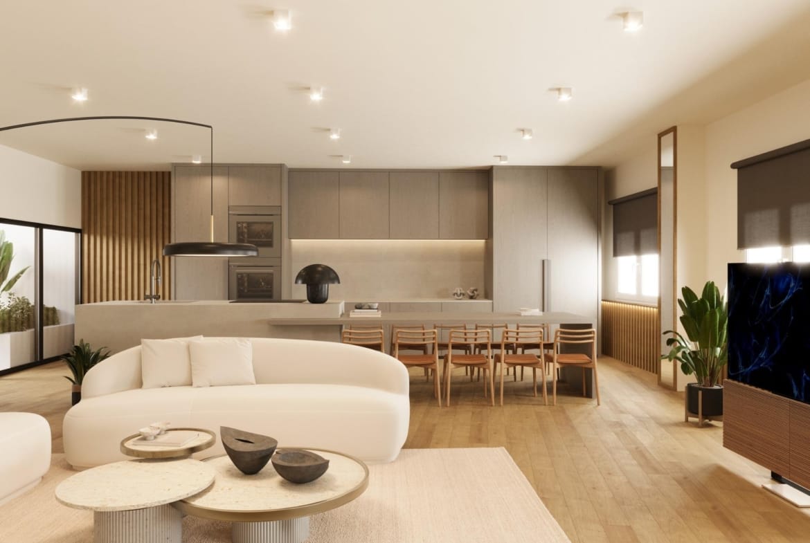 CGI of an open-plan kitchen and living area in Águilas, Murcia