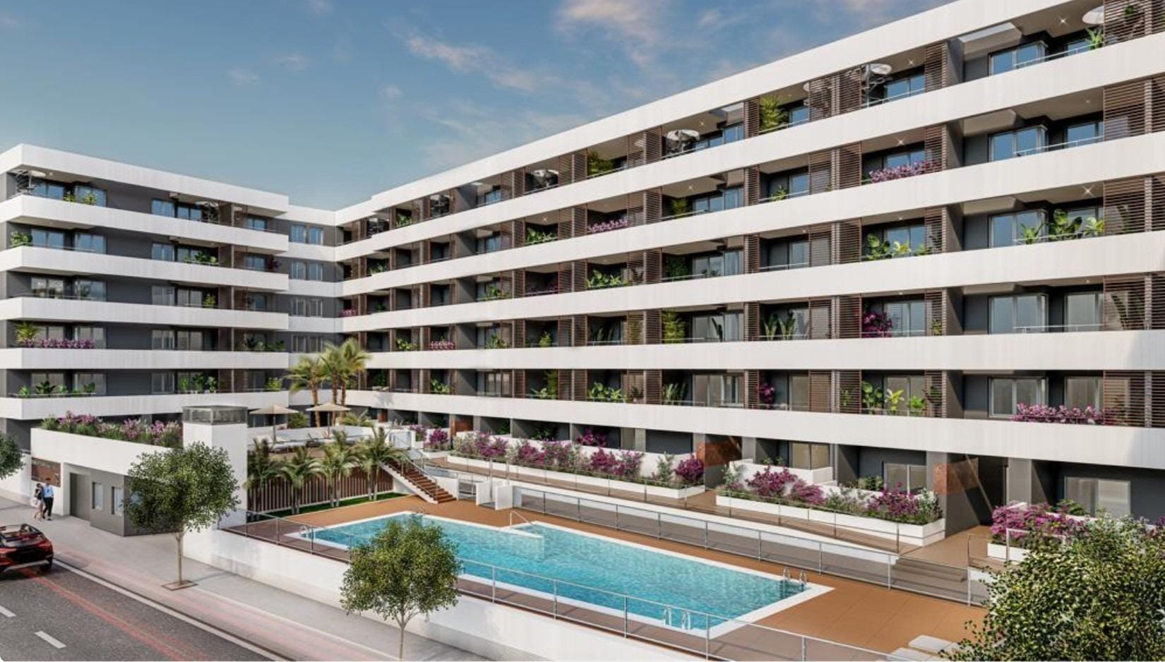 CGI of a new build apartment residence with communal pool in Águilas, Murcia