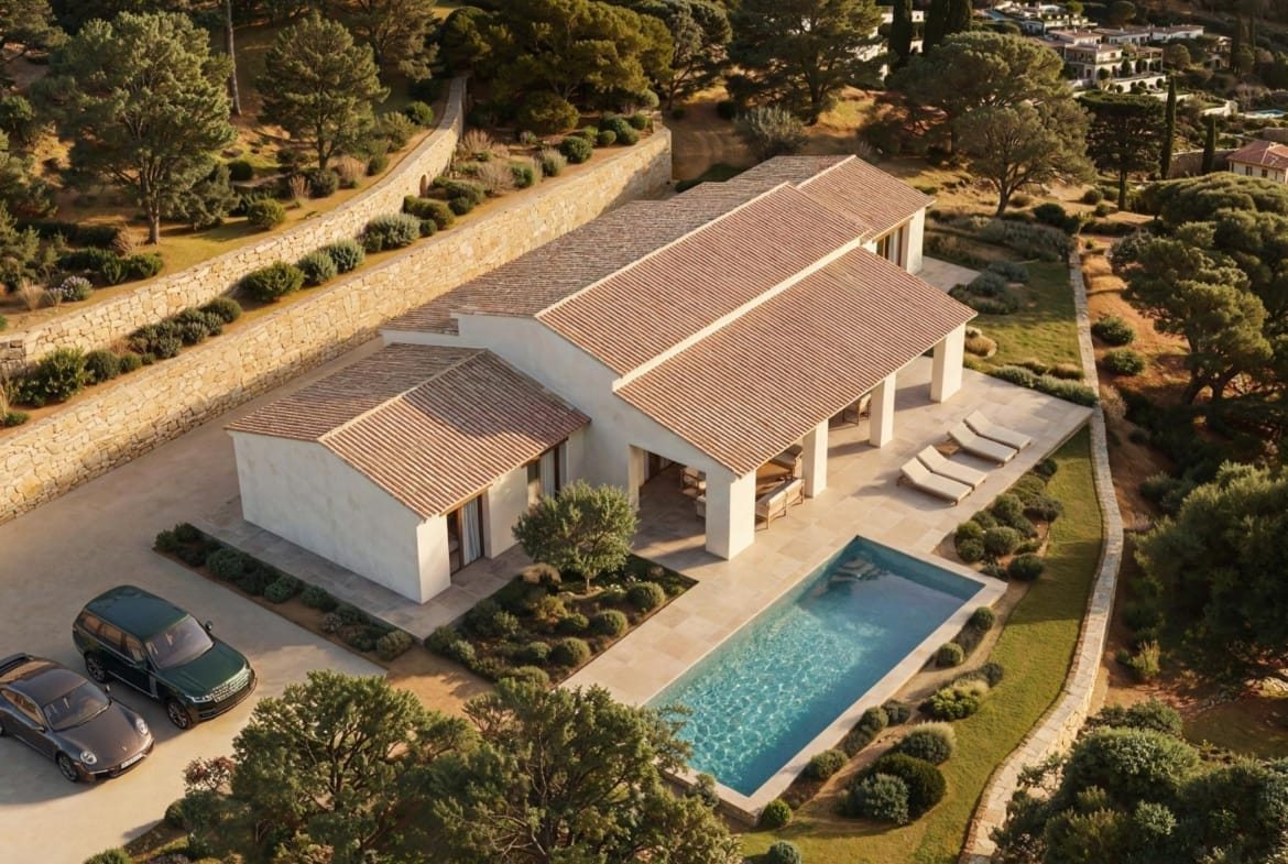 Aerial rendering of a villa with a private pool, garden and parking for 2 cars in Serrallonga, Benissa, Alicante