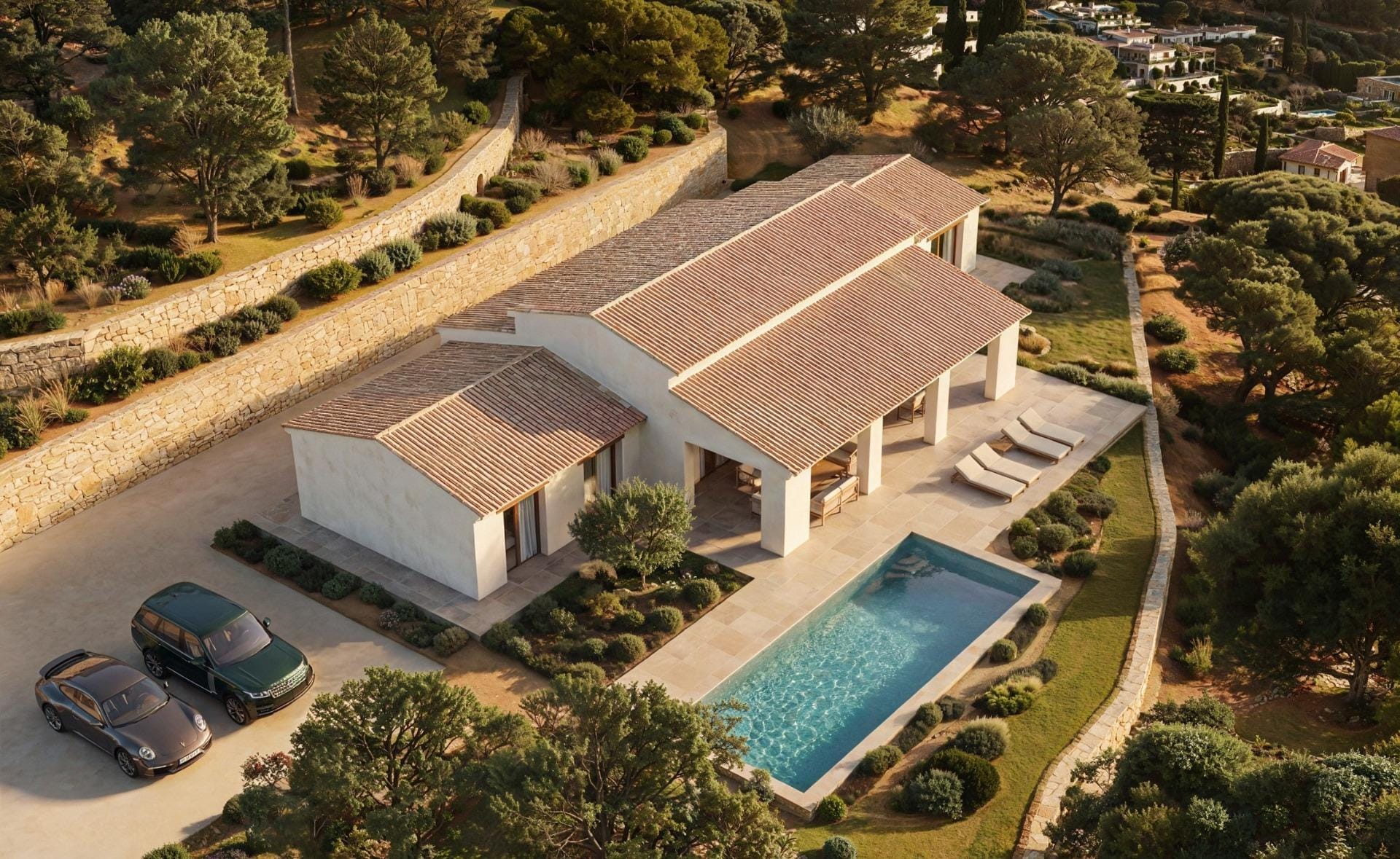 Aerial rendering of a villa with a private pool, garden and parking for 2 cars in Serrallonga, Benissa, Alicante
