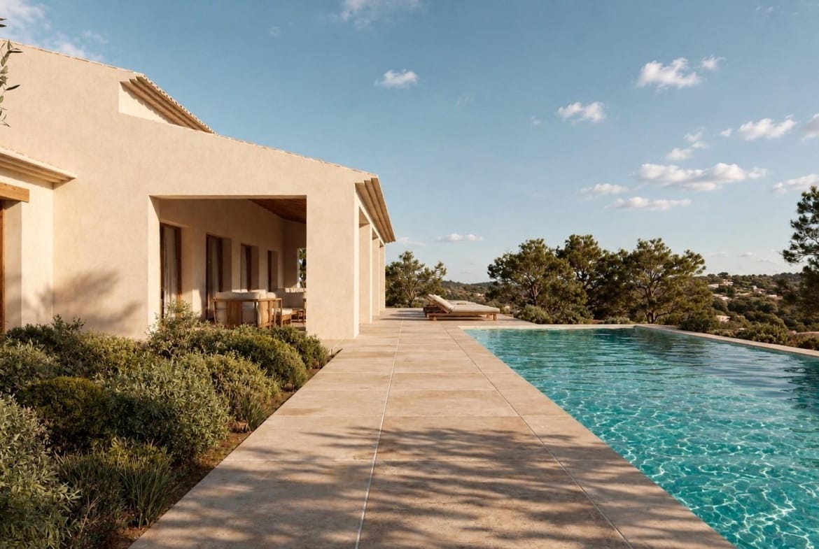 Rendering of a private pool beside a villa terrace and Mediterranean planting in Serrallonga, Benissa, Alicante