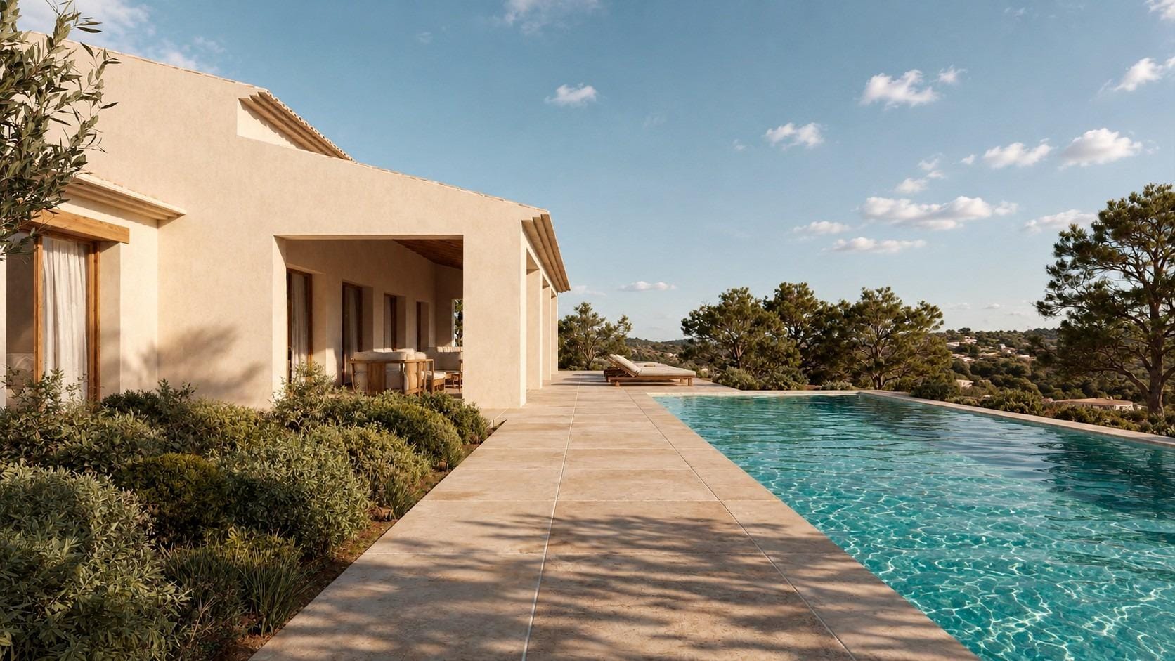 Rendering of a private pool beside a villa terrace and Mediterranean planting in Serrallonga, Benissa, Alicante