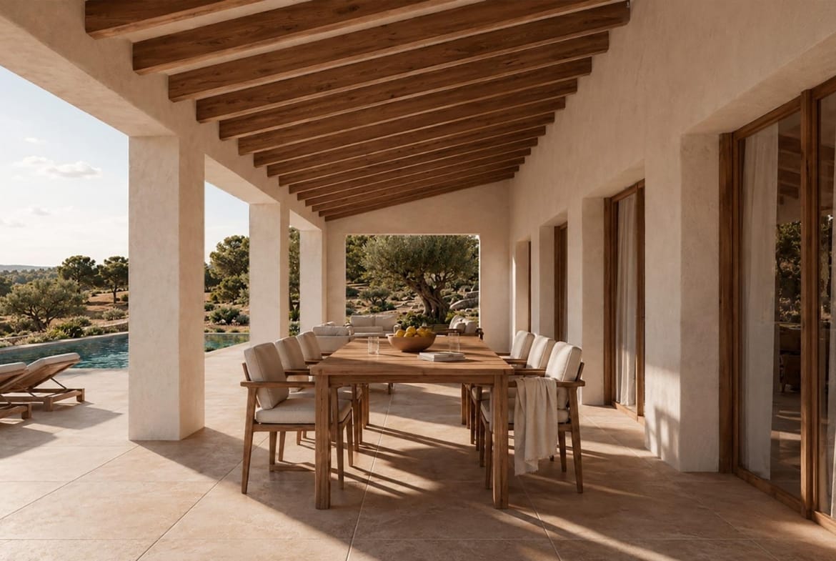 Covered dining terrace rendering with exposed timber beams and views over the surrounding greenery in Serrallonga, Benissa, Alicante