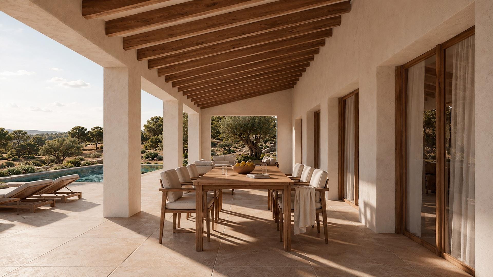 Covered dining terrace rendering with exposed timber beams and views over the surrounding greenery in Serrallonga, Benissa, Alicante