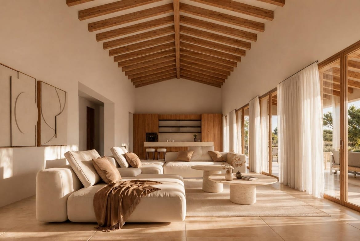 Living room rendering with a vaulted timber-beamed ceiling and wide glazed doors opening onto the terrace in Serrallonga, Benissa, Alicante