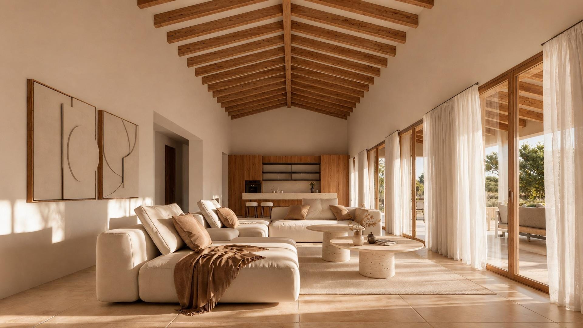 Living room rendering with a vaulted timber-beamed ceiling and wide glazed doors opening onto the terrace in Serrallonga, Benissa, Alicante