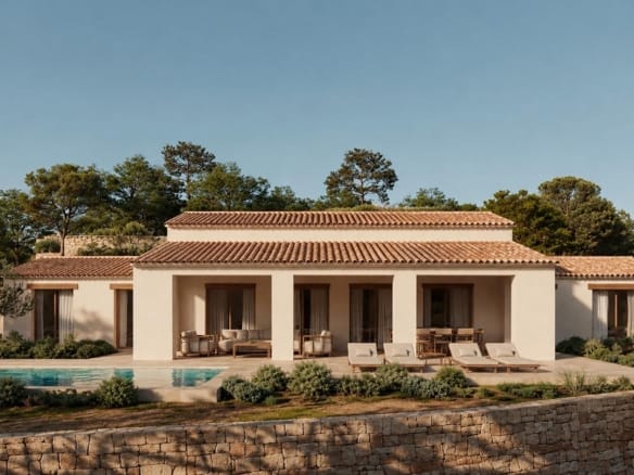 Rendering of a Mediterranean villa with tiled pitched roofs, a covered terrace and landscaped grounds in Serrallonga, Benissa, Alicante