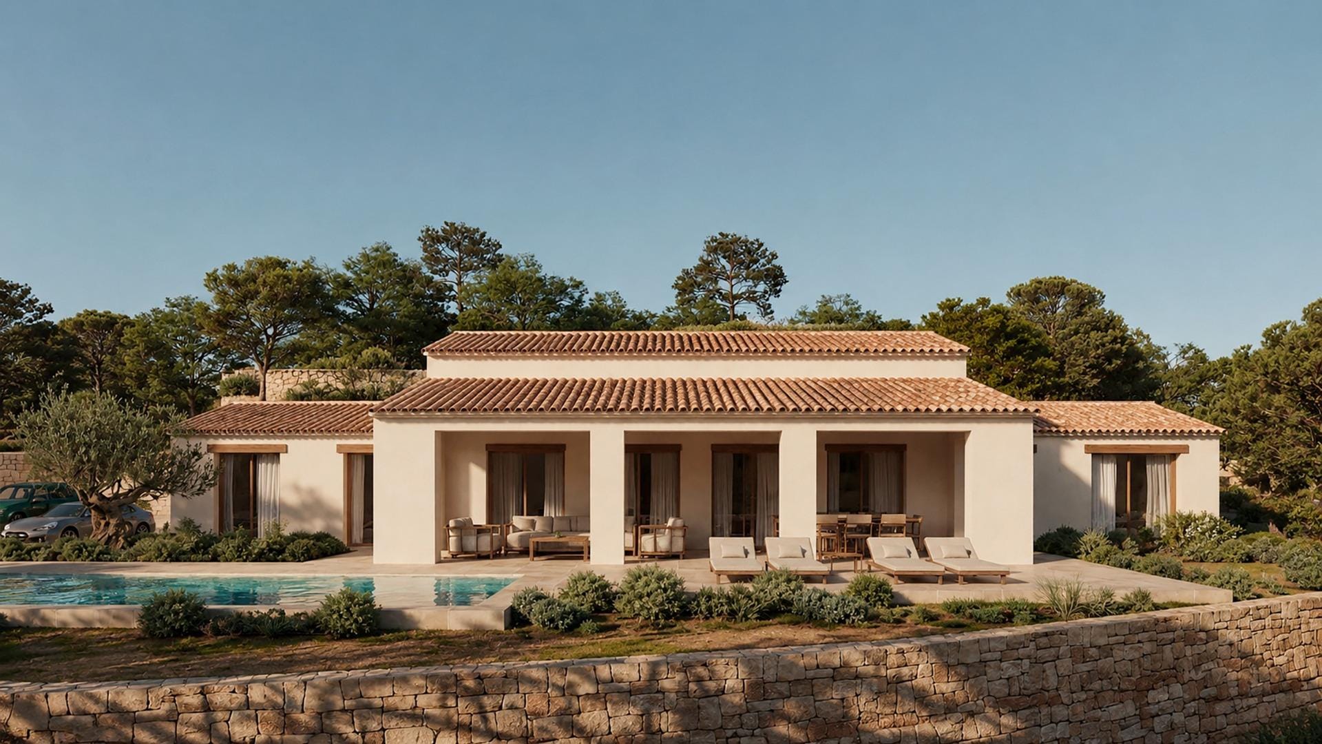 Rendering of a Mediterranean villa with tiled pitched roofs, a covered terrace and landscaped grounds in Serrallonga, Benissa, Alicante