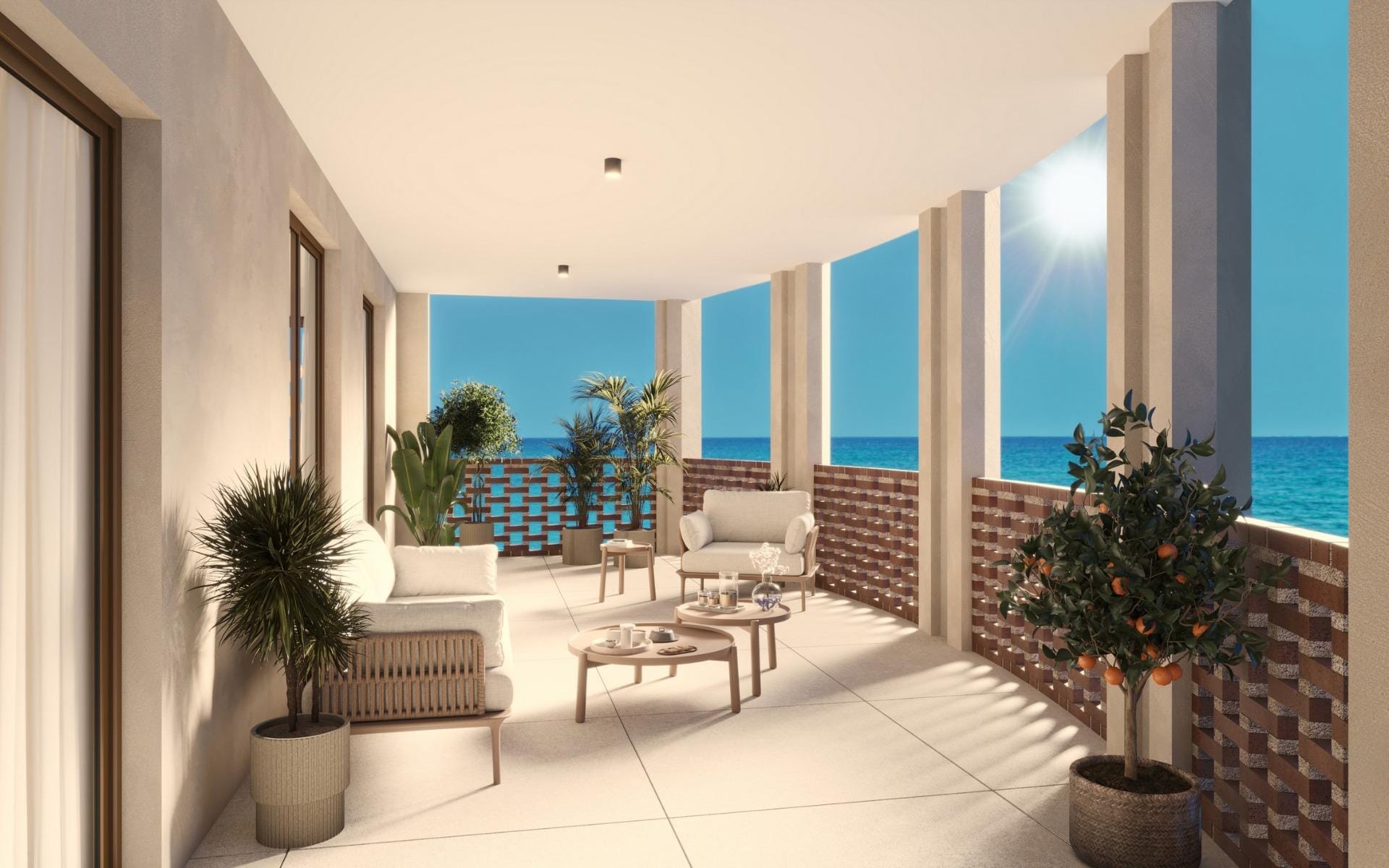 Covered terrace with lounge seating and sea views