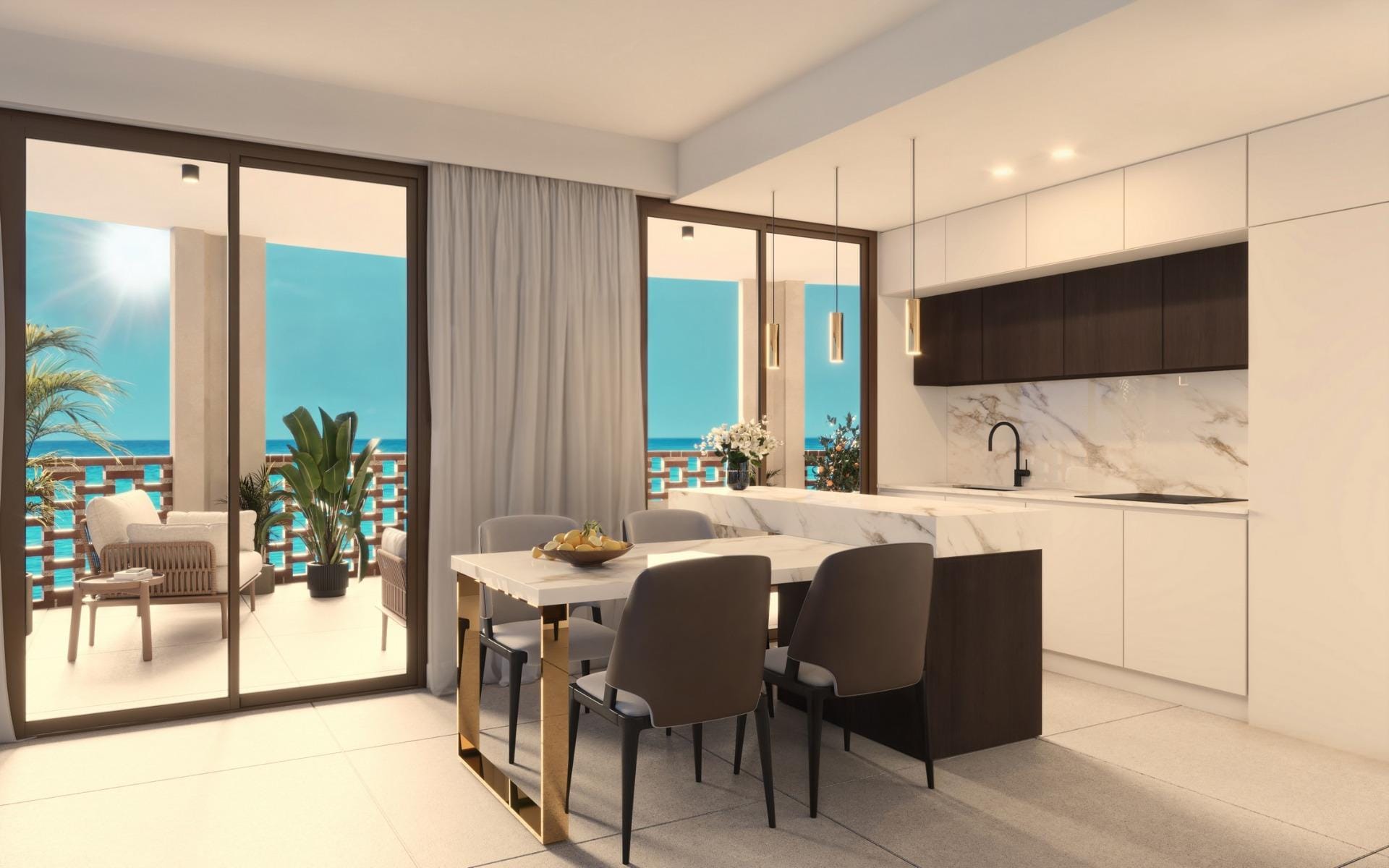 Open-plan kitchen and dining area with terrace access and sea views