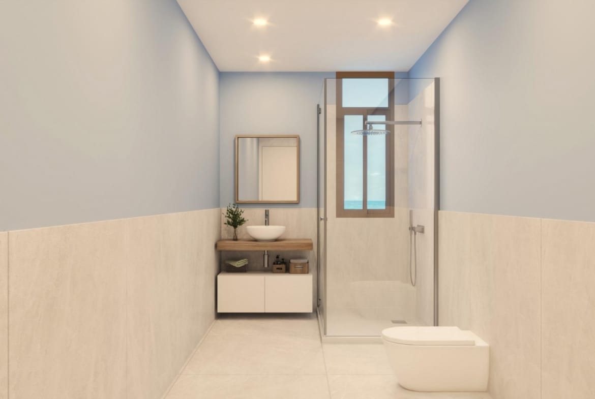 Modern bathroom with walk-in shower and vanity unit