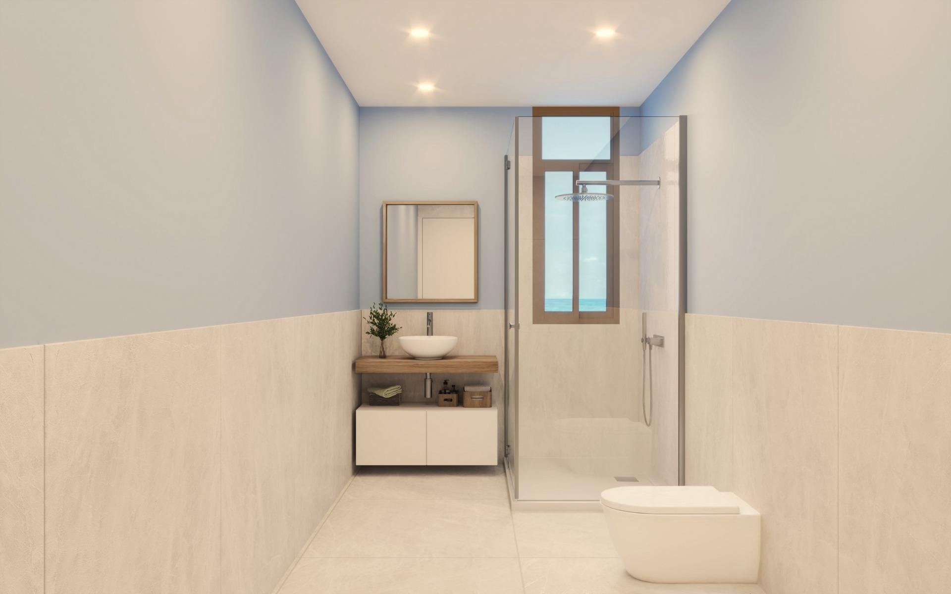 Modern bathroom with walk-in shower and vanity unit