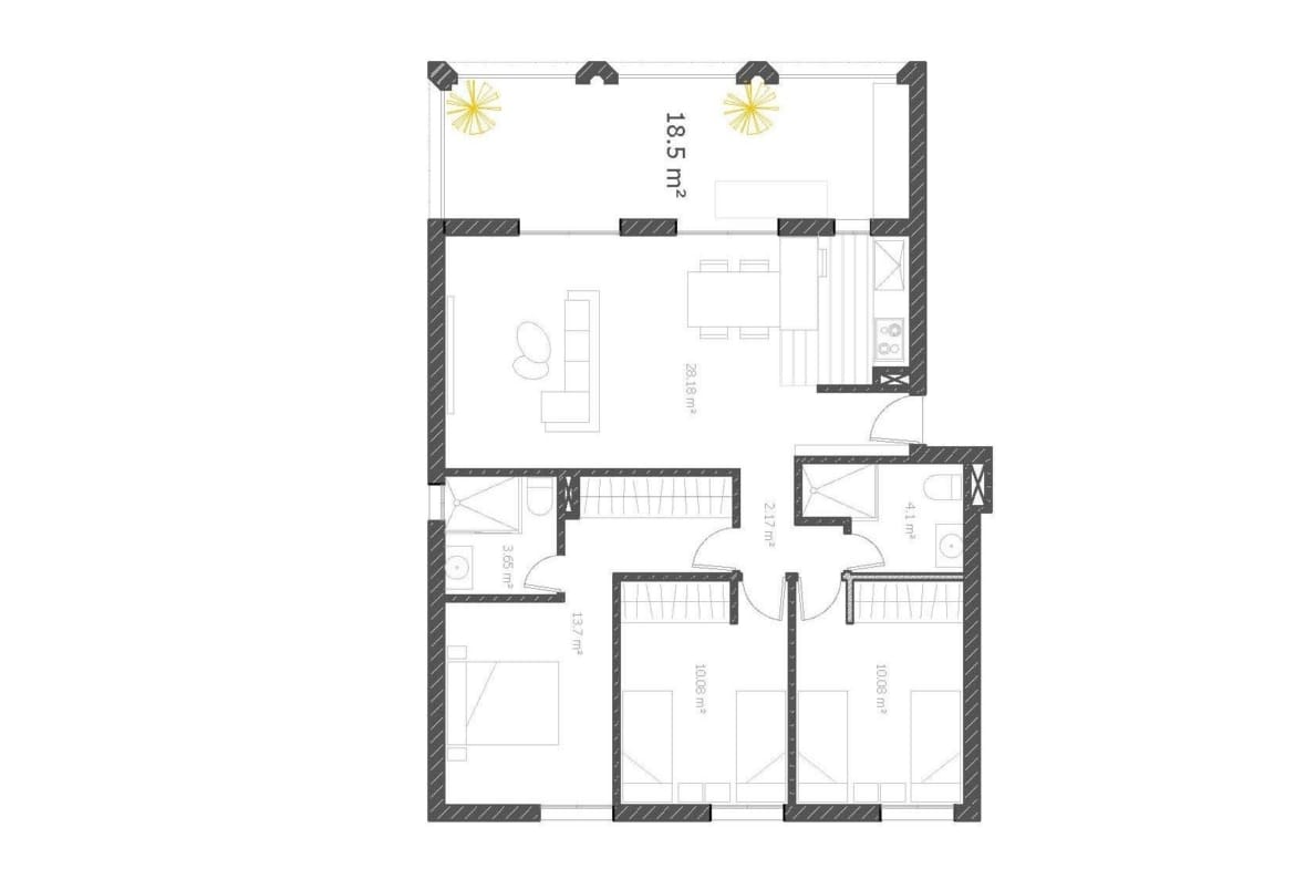 Three-bedroom apartment floor plan with large terrace and open-plan living area