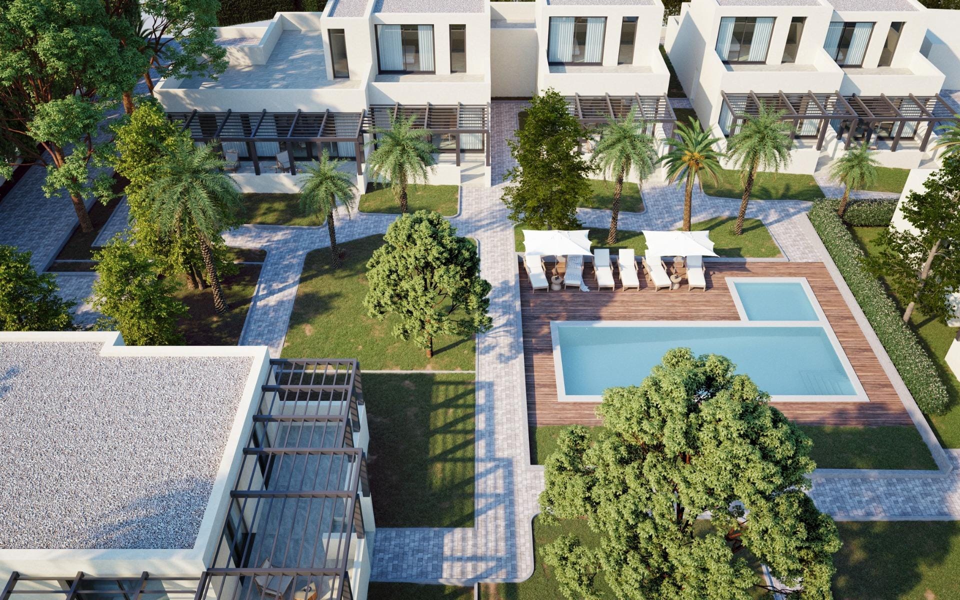 Aerial CGI render of semi-detached houses and communal pool at La Manga Club, Murcia
