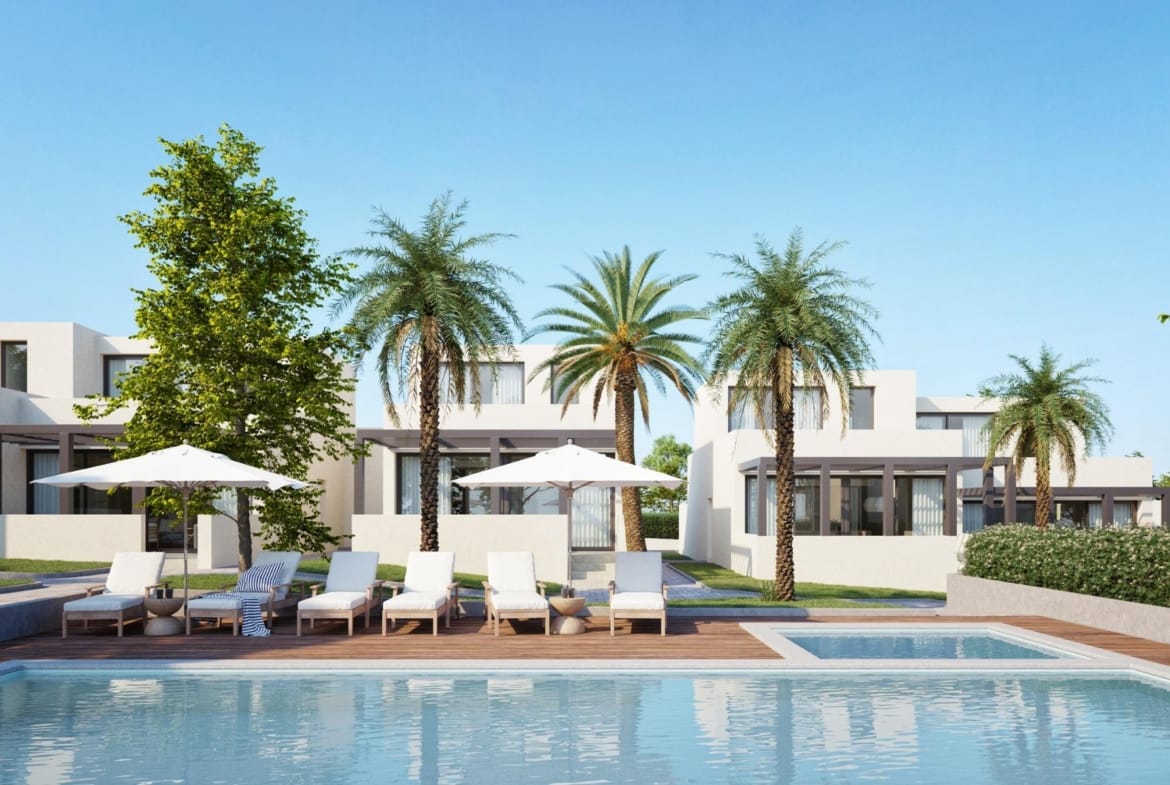 Poolside CGI render of the new build houses at La Manga Club, Murcia