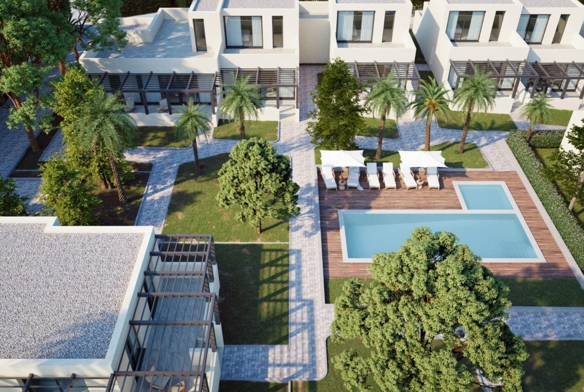 Poolside CGI render of the new build houses at La Manga Club, Murcia
