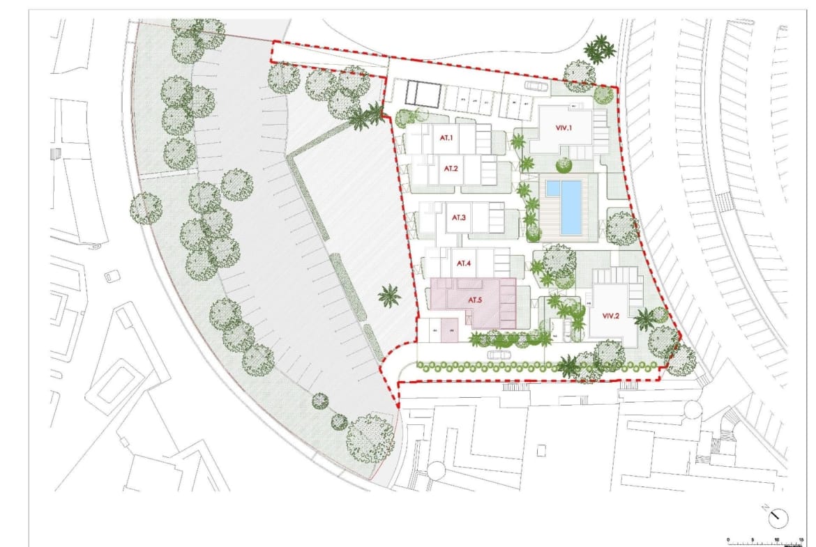 Site plan of the semi-detached tourist houses and communal pool at La Manga Club, Murcia