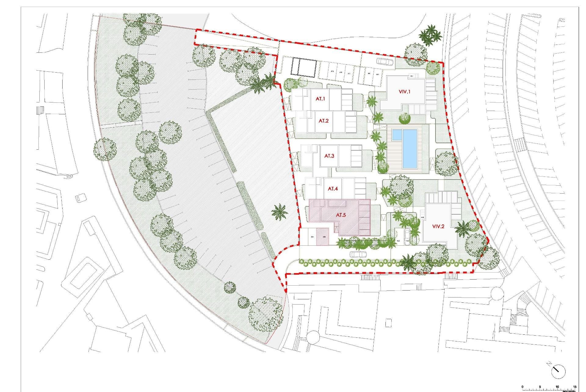 Site plan of the semi-detached tourist houses and communal pool at La Manga Club, Murcia