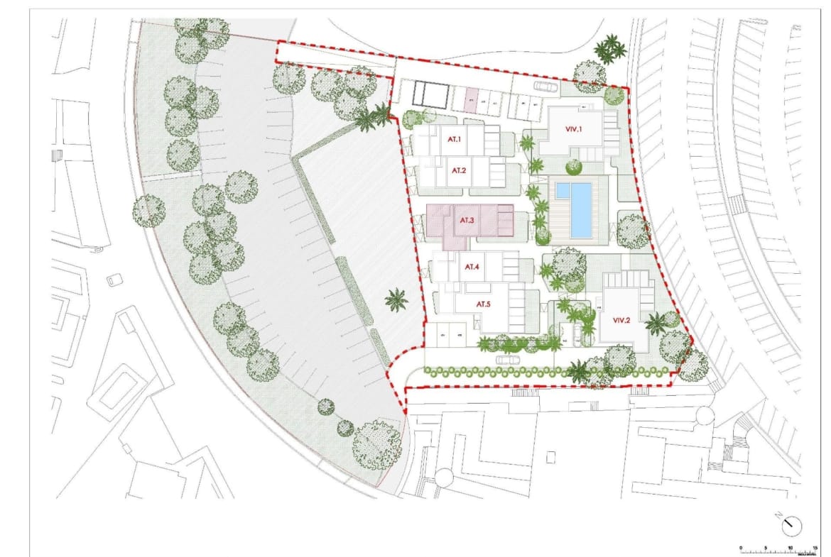 Site plan of the semi-detached tourist houses and communal pool at La Manga Club, Murcia