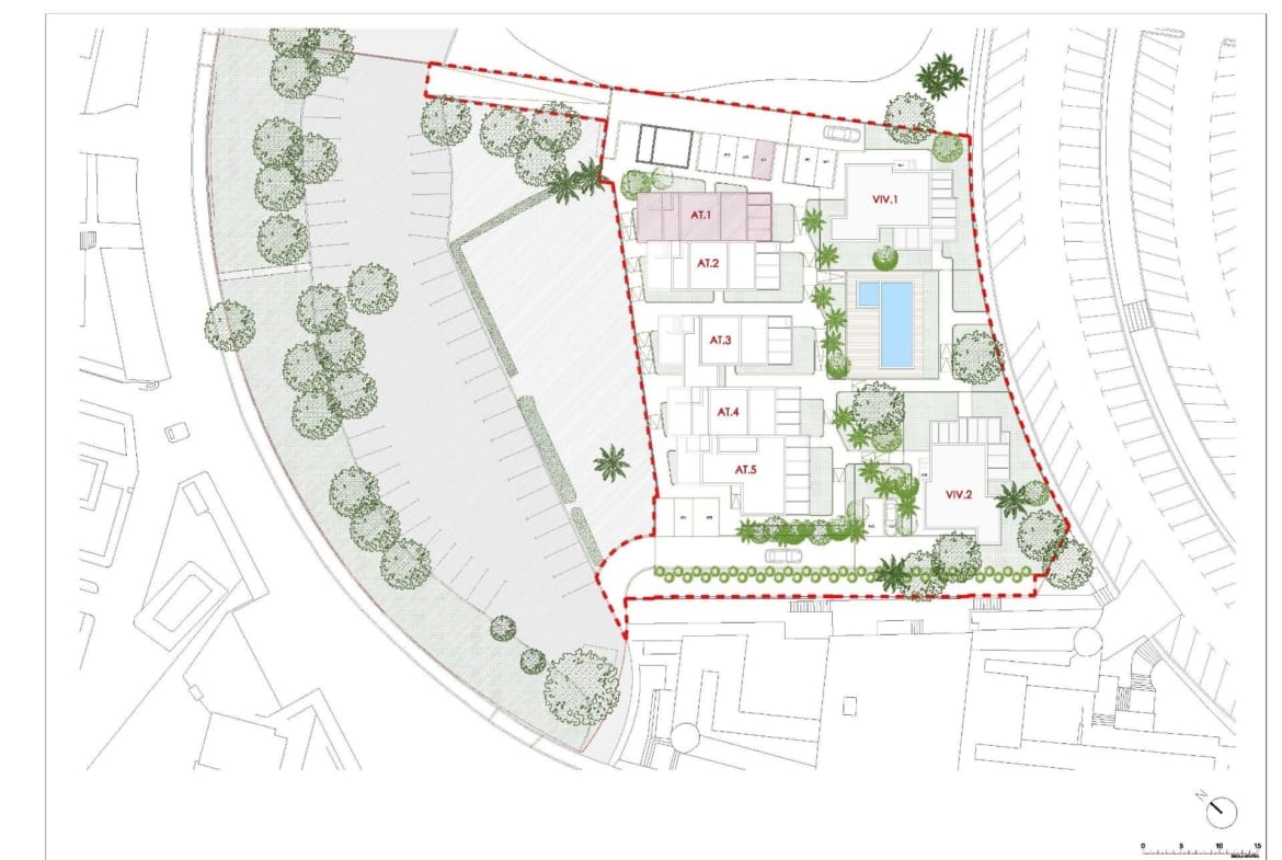 Site plan of the semi-detached tourist houses and communal pool at La Manga Club, Murcia