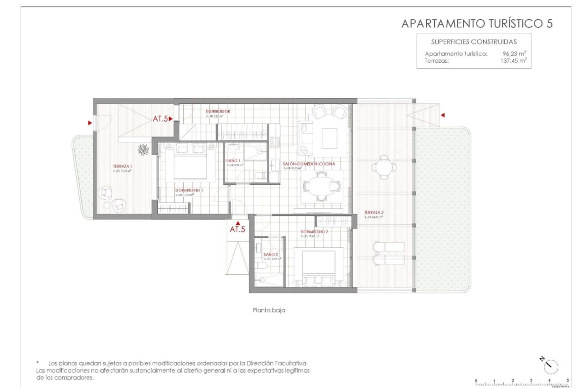Ground floor plan of the 2 bedroom single-storey semi-detached house at La Manga Club, Murcia