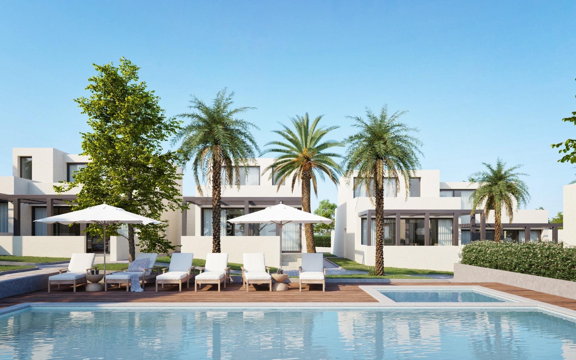 Poolside CGI render of the new build houses at La Manga Club, Murcia