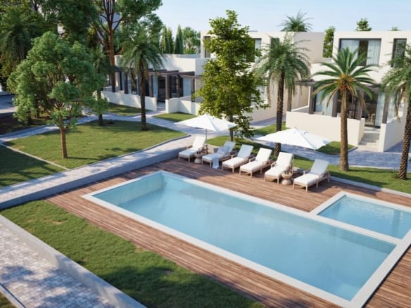 Aerial CGI render of semi-detached houses and communal pool at La Manga Club, Murcia