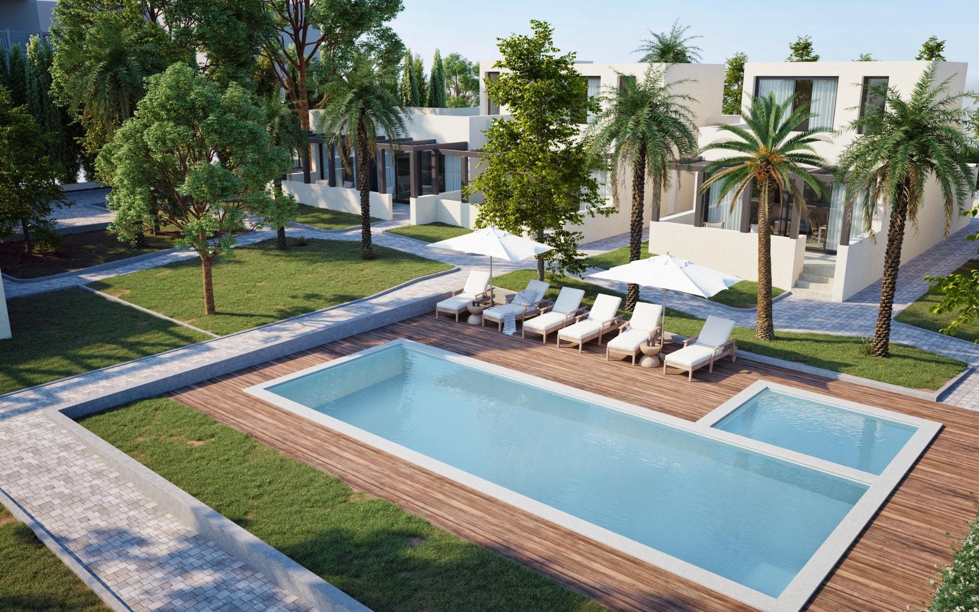 Aerial CGI render of semi-detached houses and communal pool at La Manga Club, Murcia