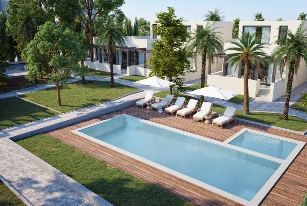 Elevated CGI render of the communal pool and landscaped grounds at La Manga Club, Murcia