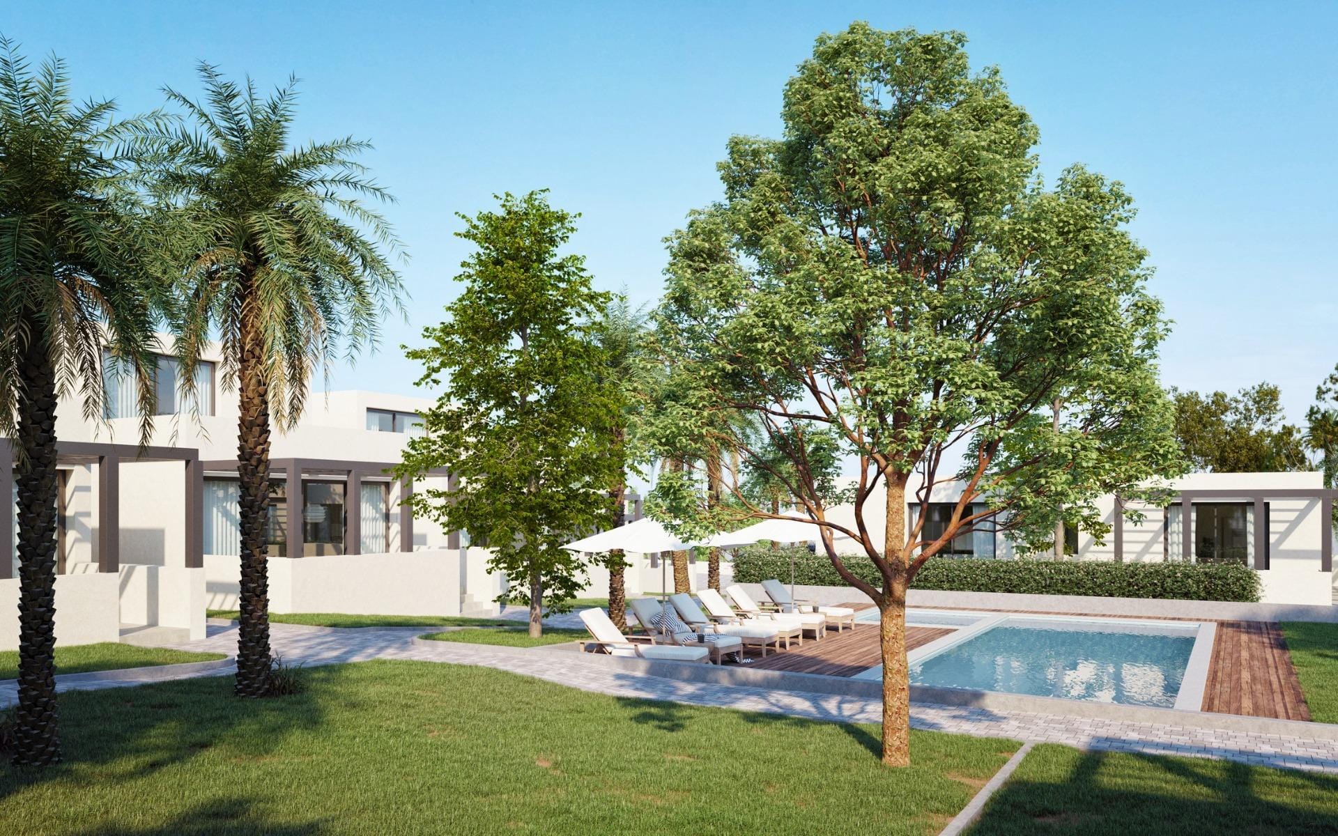 CGI render of landscaped gardens beside the communal pool at La Manga Club, Murcia