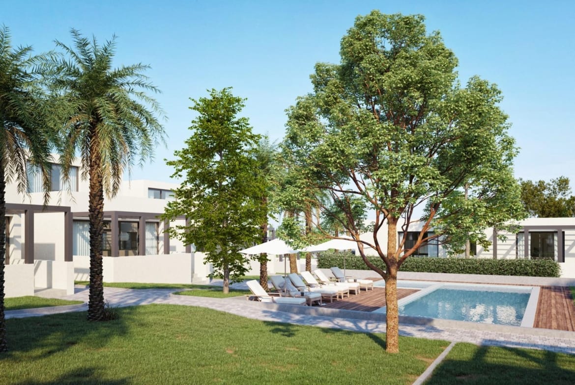 CGI render of landscaped gardens beside the communal pool at La Manga Club, Murcia