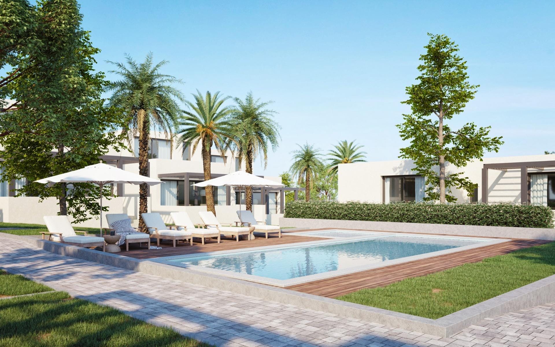 CGI render of the communal pool and sun terrace at La Manga Club, Murcia