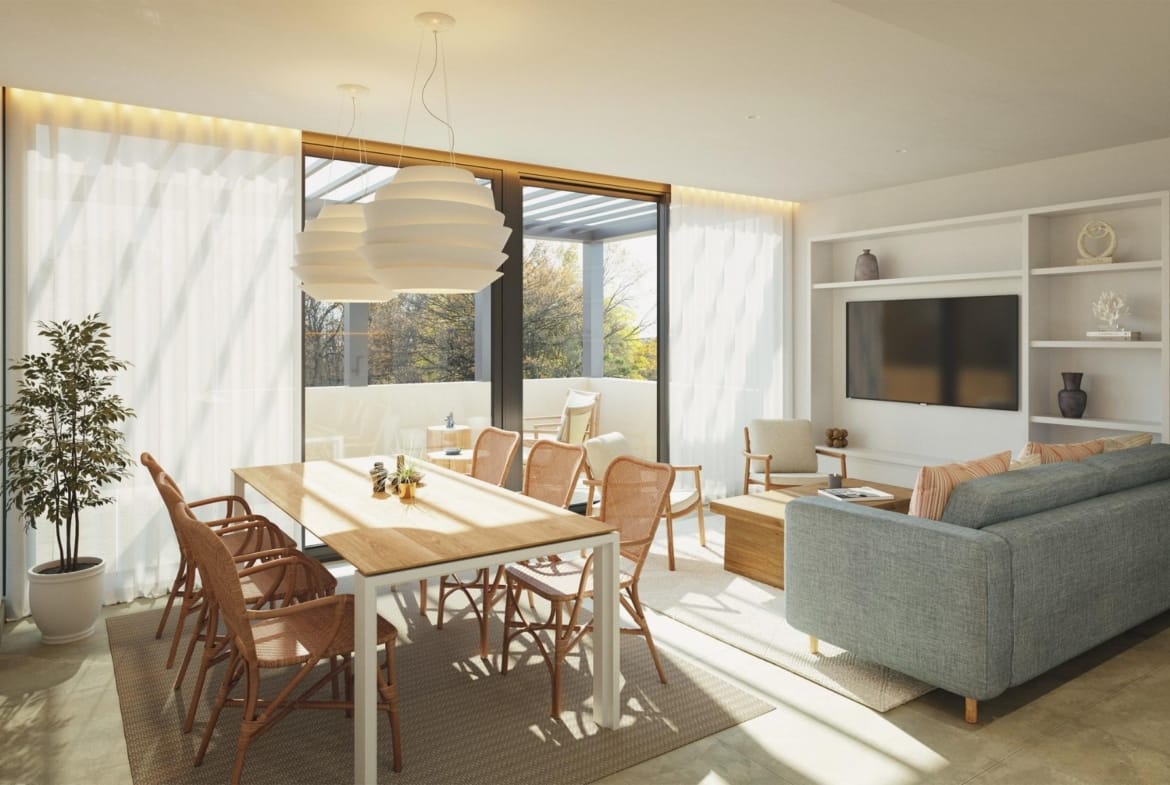 CGI render of the open-plan living and dining area in a La Manga Club semi-detached house
