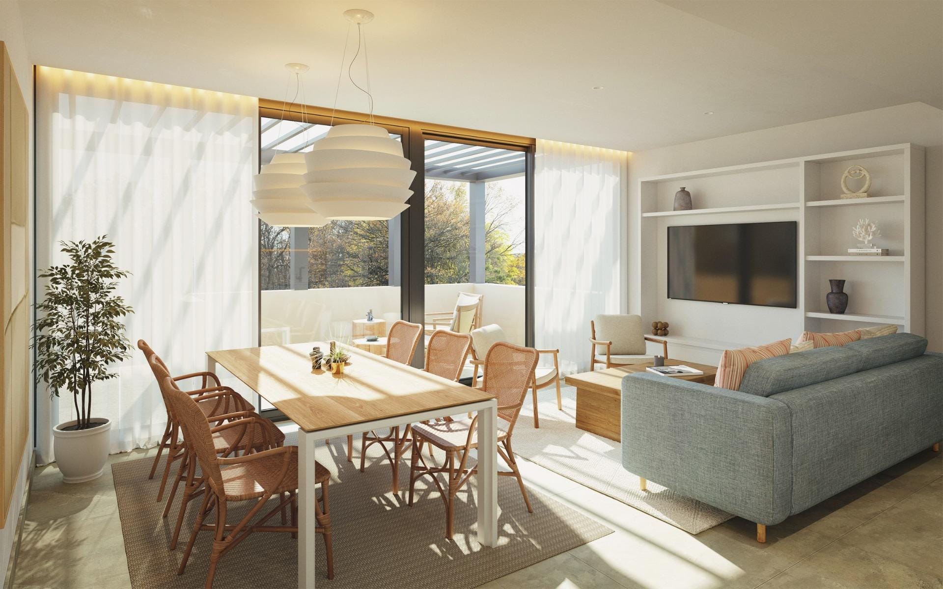 CGI render of the open-plan living and dining area in a La Manga Club semi-detached house