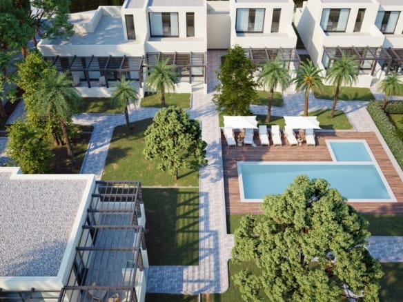 Aerial CGI render of semi-detached houses and communal pool at La Manga Club, Murcia