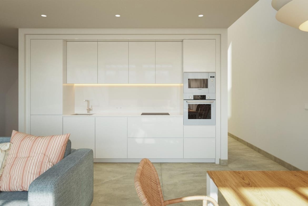 CGI render of the modern kitchen in a semi-detached house at La Manga Club