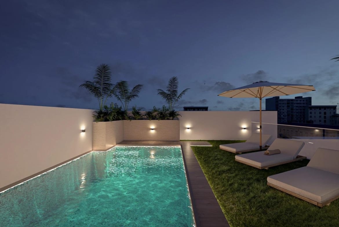 Rooftop pool at night in Torrevieja, Alicante