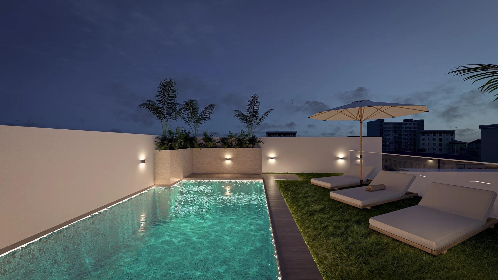 New-Build-Studios-and-Apartments-in-Central-Torrevieja-Near-the-Beach-11 The illuminated communal rooftop pool and sun terrace in Torrevieja, Alicante