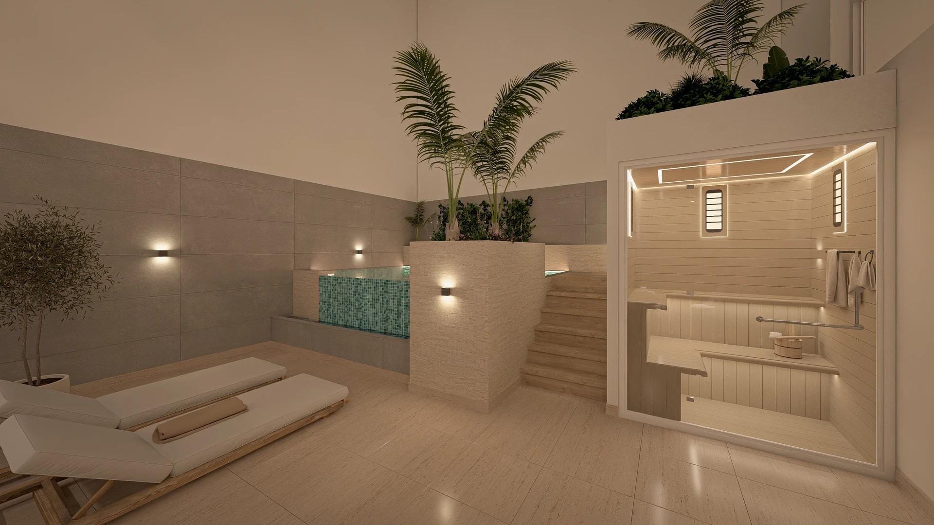 Dry sauna and pool at night in Torrevieja, Alicante
