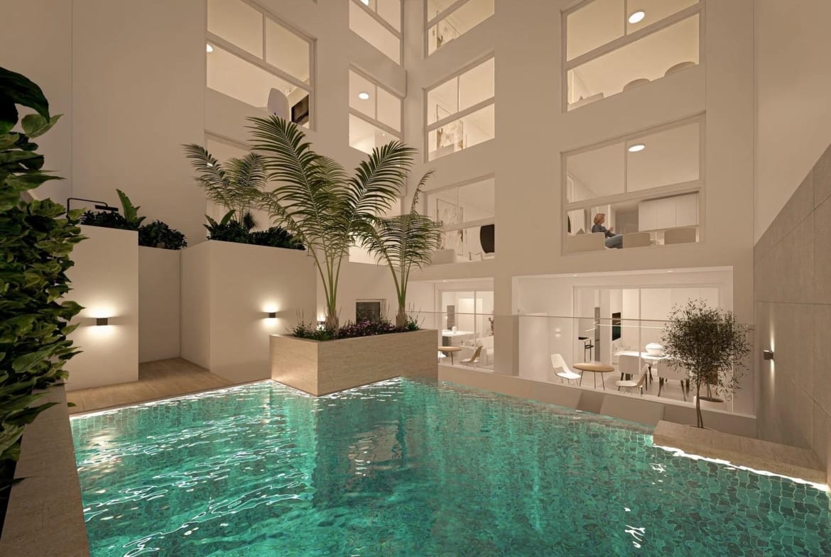 Courtyard pool at night in Torrevieja, Alicante