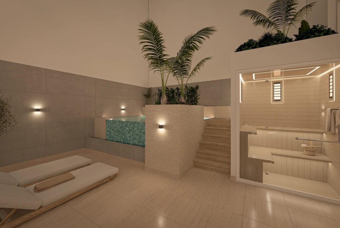 The communal sauna and pool area at night in Torrevieja, Alicante