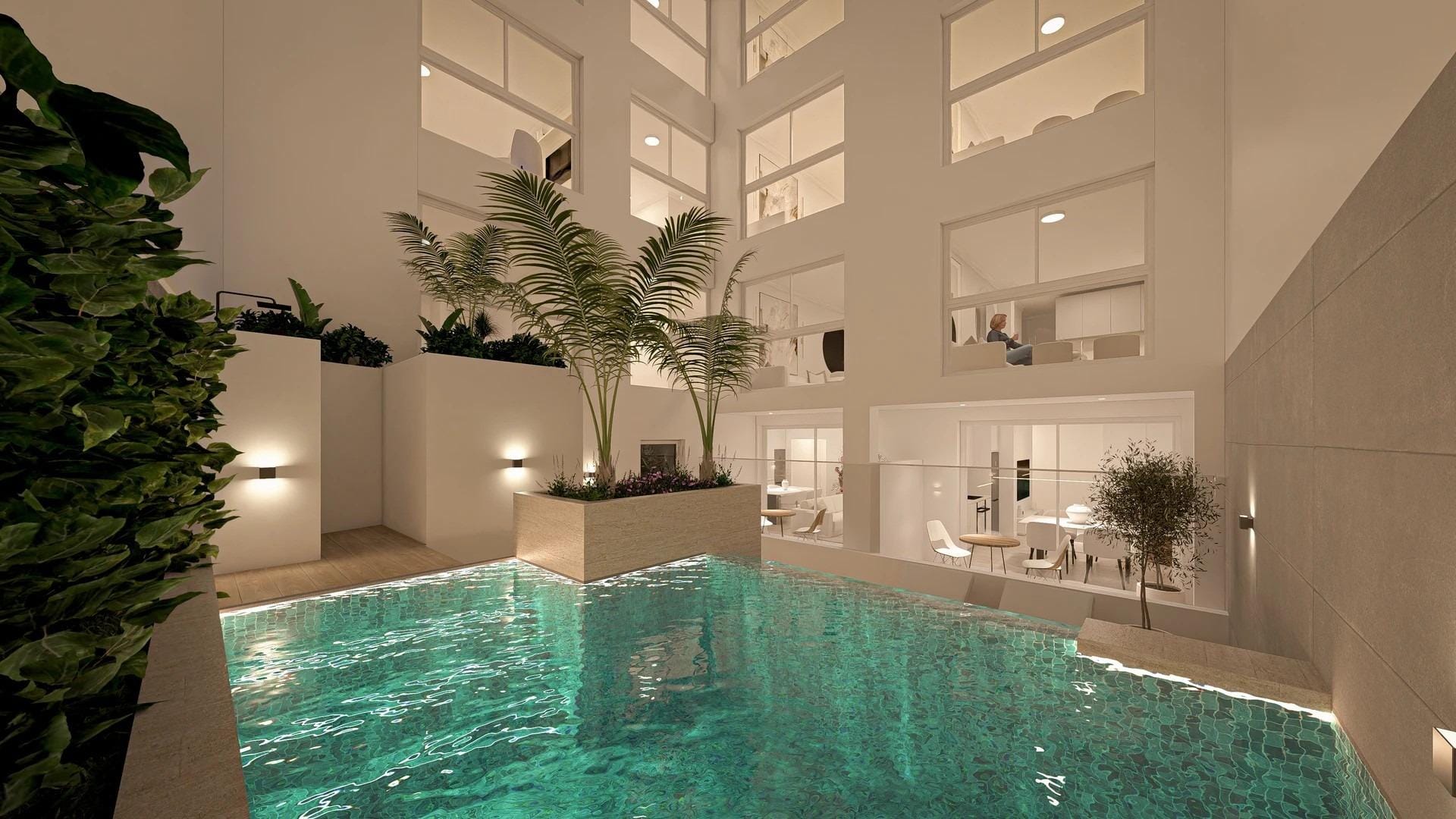 Courtyard pool at night in Torrevieja, Alicante