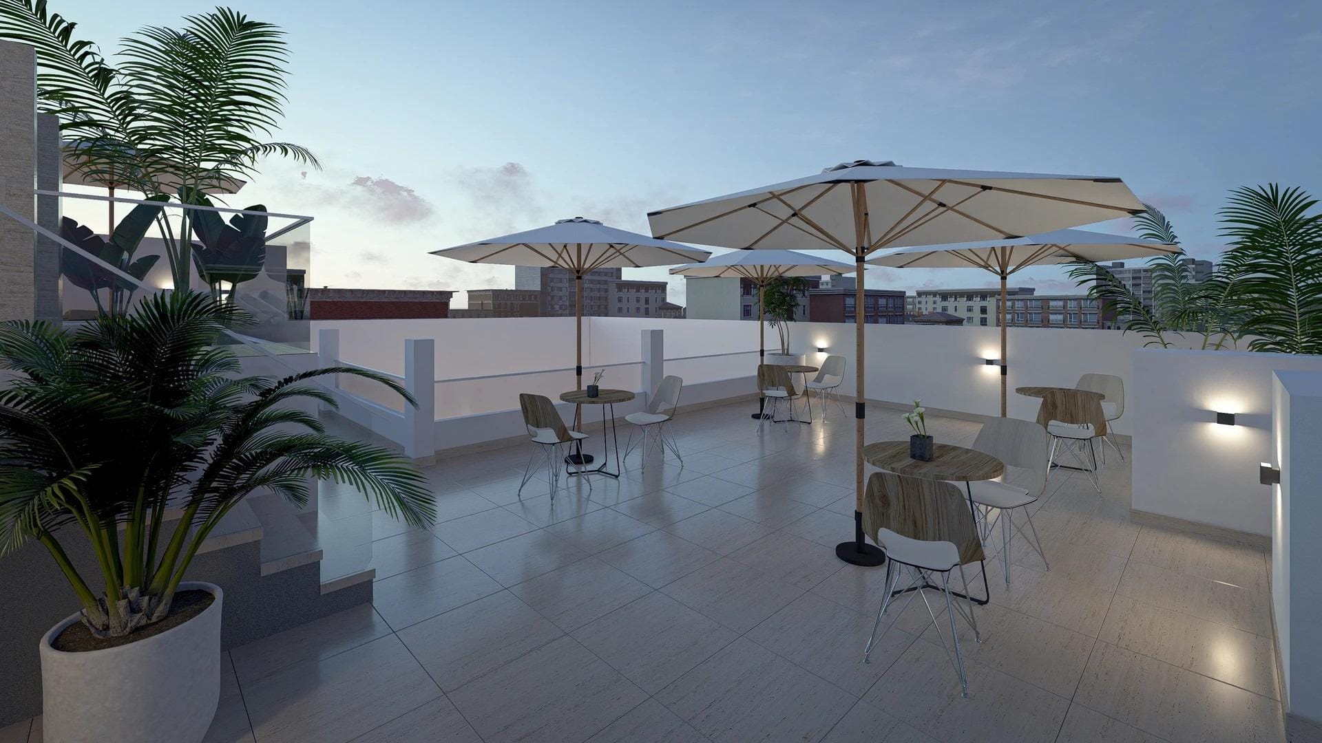 Rooftop terrace at dusk in Torrevieja, Alicante