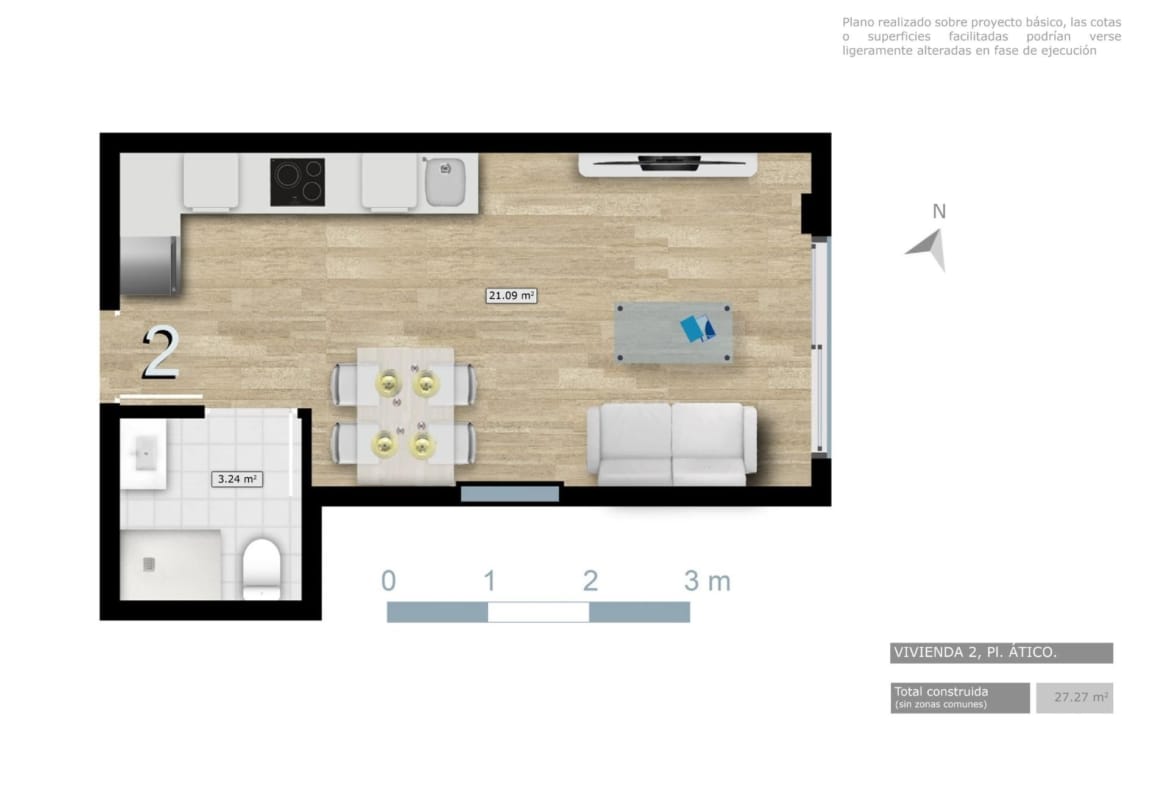 Studio penthouse plan showing an open living area, kitchen and bathroom in Torrevieja, Alicante