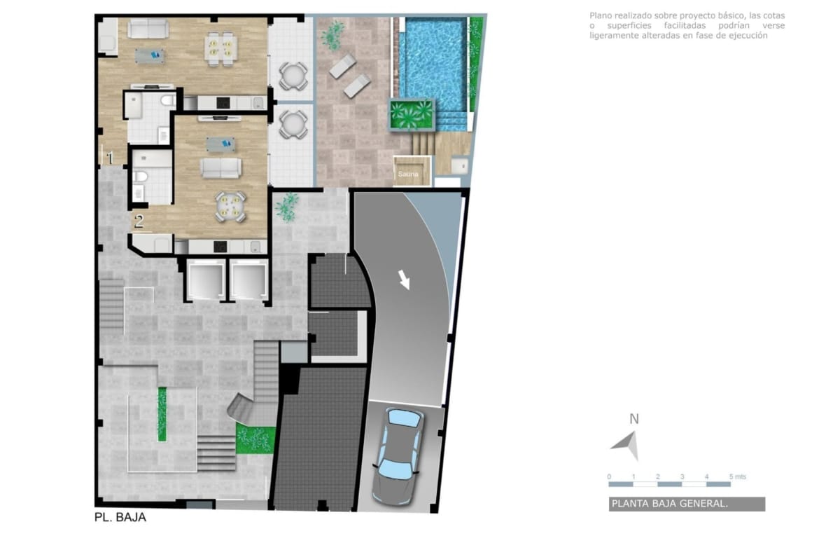 General ground-floor plan showing studios, communal pool, sauna and access areas in Torrevieja, Alicante