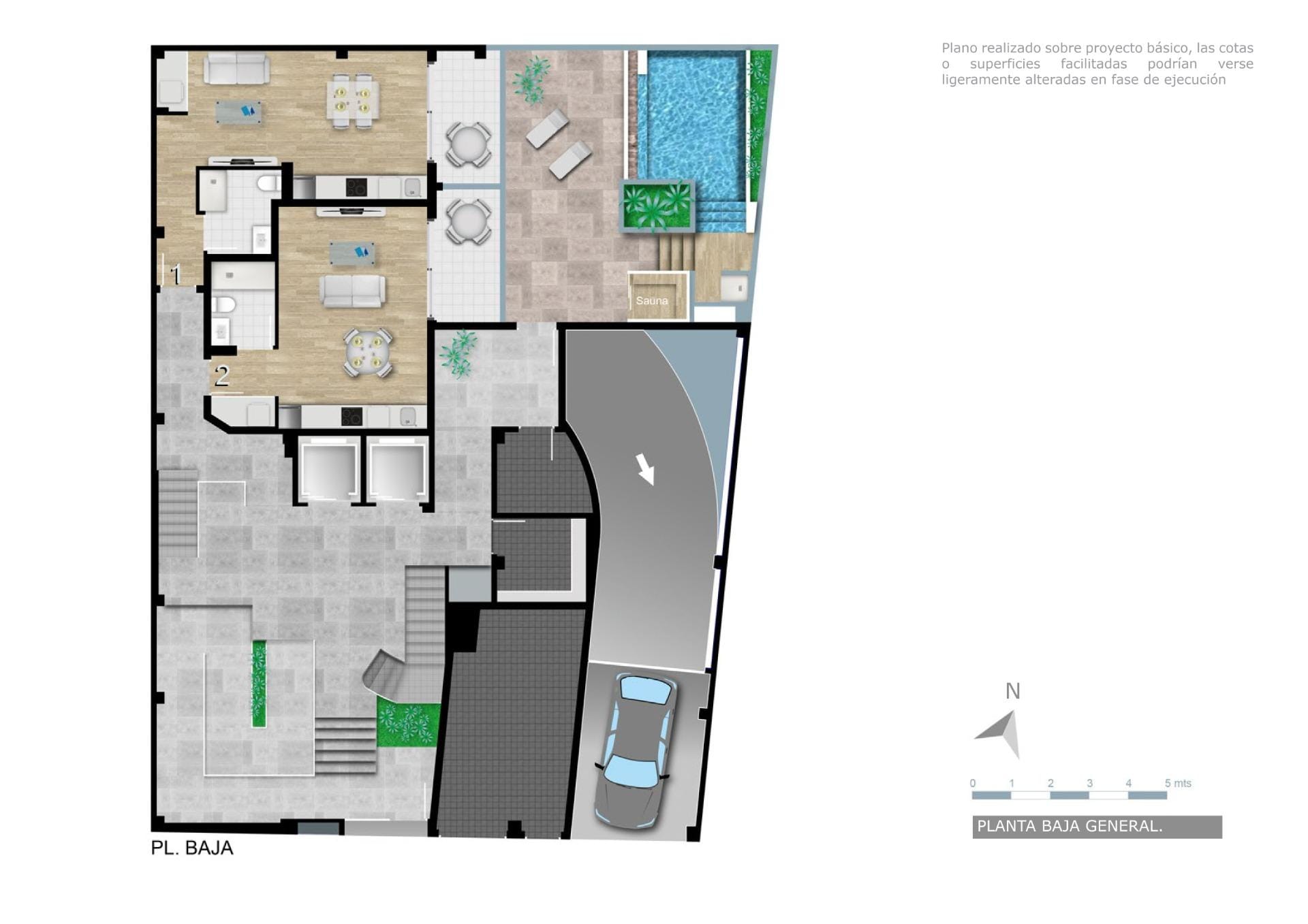General ground-floor plan showing studios, communal pool, sauna and access areas in Torrevieja, Alicante