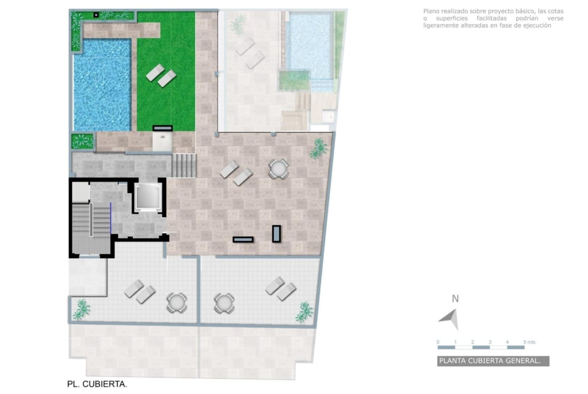 General roof plan showing the pool, terraces and shared access areas in Torrevieja, Alicante