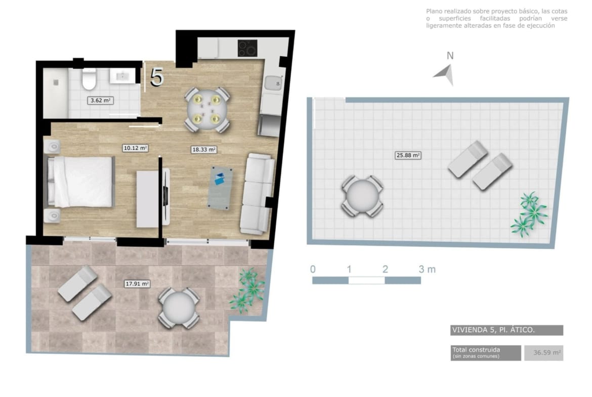 Exact 1 bedroom penthouse floor plan in Torrevieja, Alicante