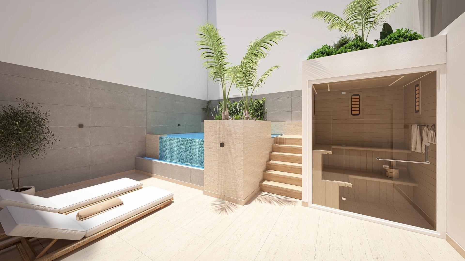 New-Build-Studios-and-Apartments-in-Central-Torrevieja-Near-the-Beach-5 Ground floor pool and dry sauna in Torrevieja, Alicante