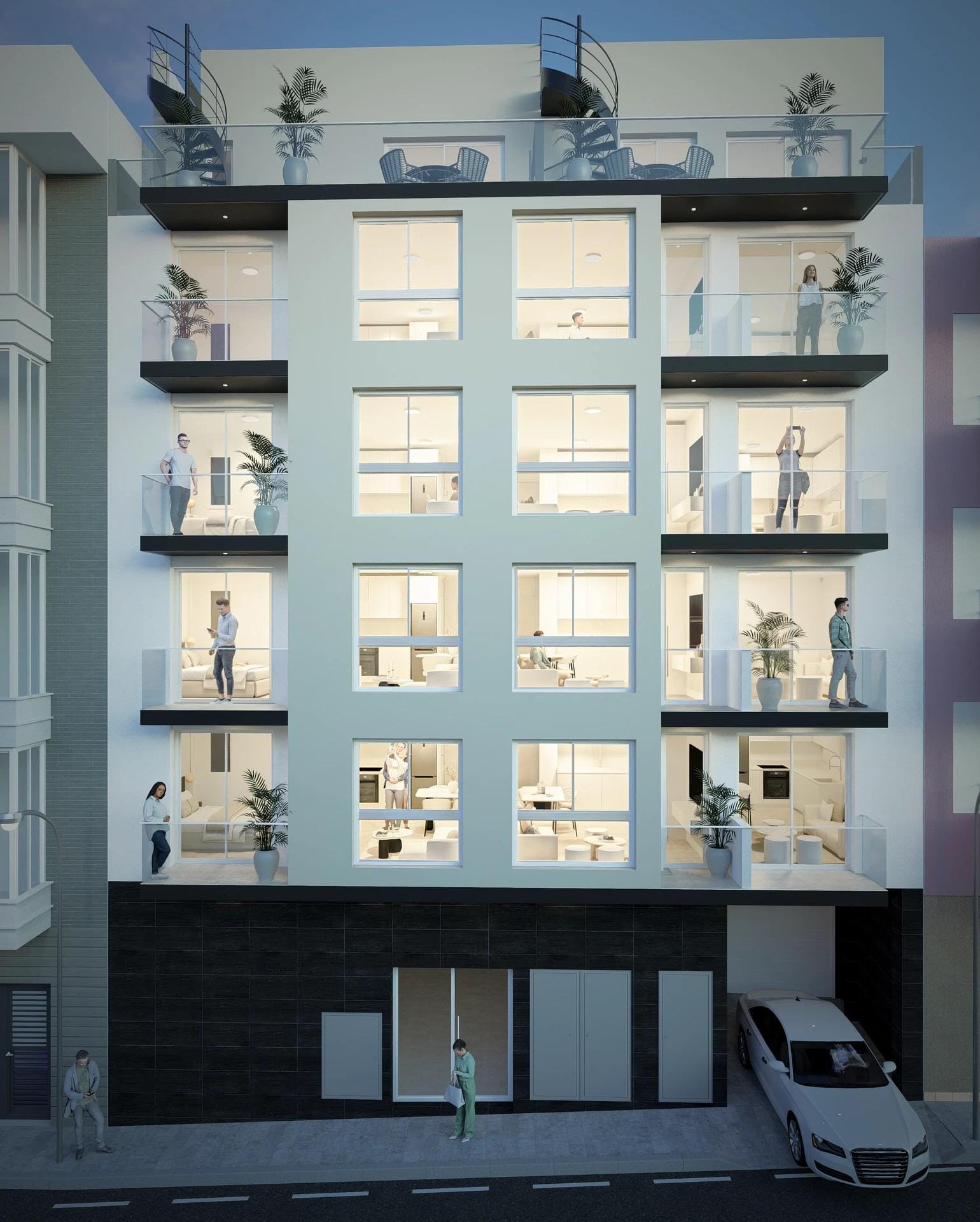Apartment building exterior at night in Torrevieja, Alicante